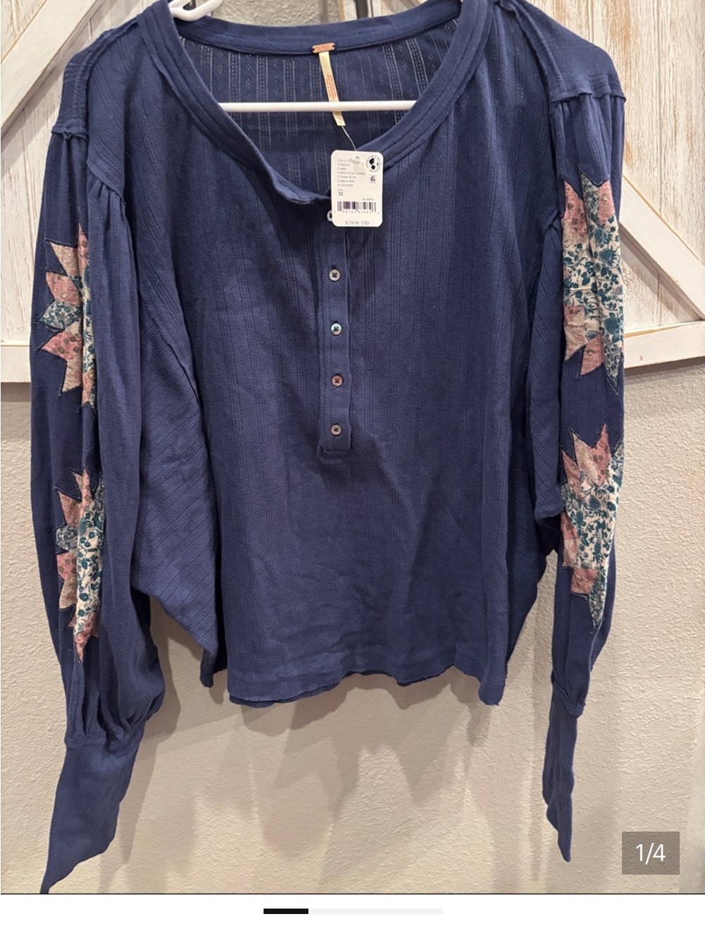 Free people Waffle-Knit Navy Button Henley with Floral Patch Sleeve nwt ptp 29